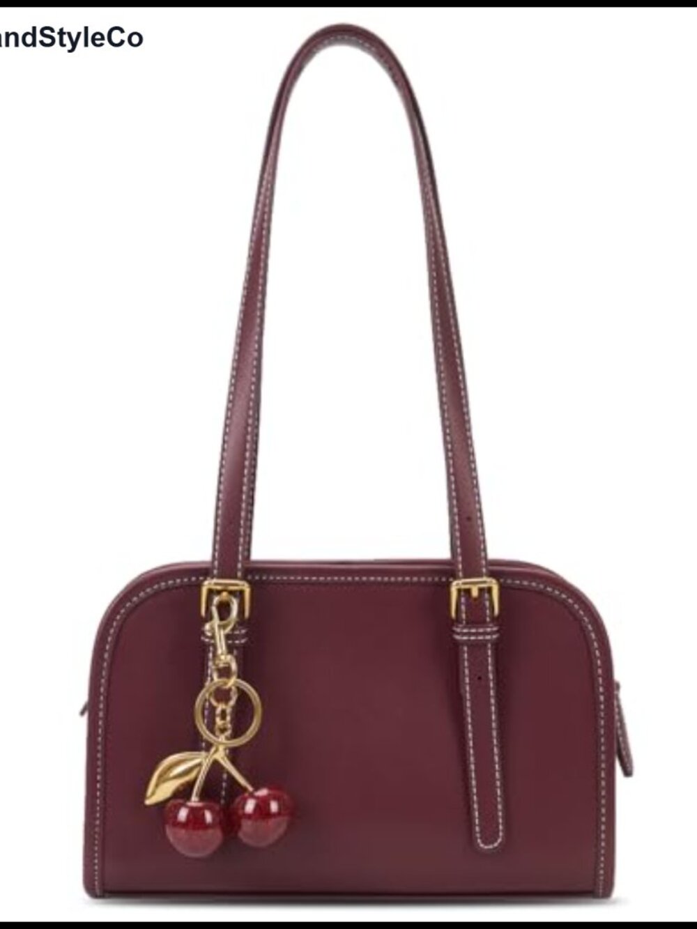 Faux Leather Swing Shoulder Bag with Cherry Pendant Zip Closure Small Tote